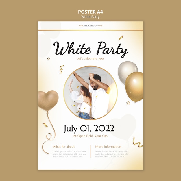 Plantilla de póster vertical de fiesta blanca con globos