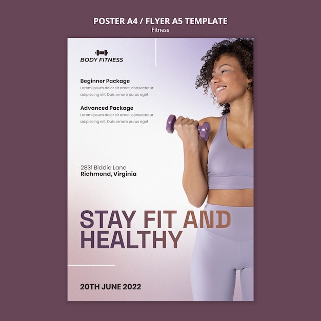 Plantilla de póster vertical de fitness con mujer y pesas