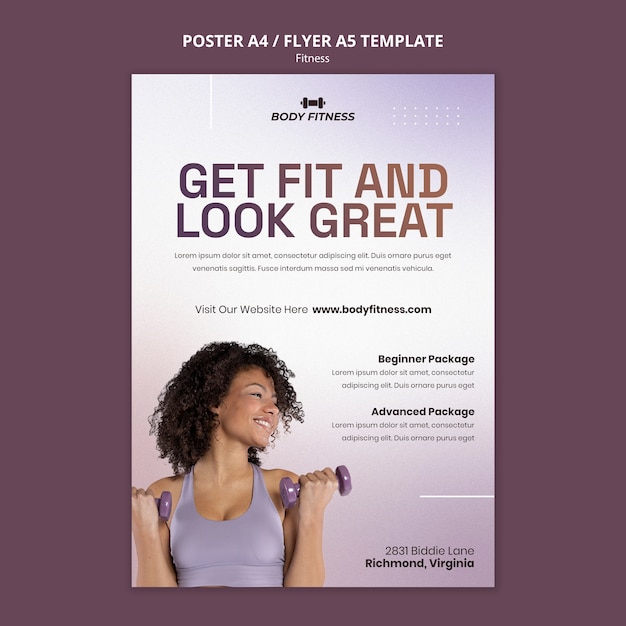 Plantilla de póster vertical de fitness con mujer y pesas