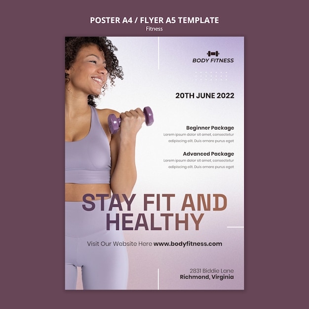 Plantilla de póster vertical de fitness con mujer y pesas