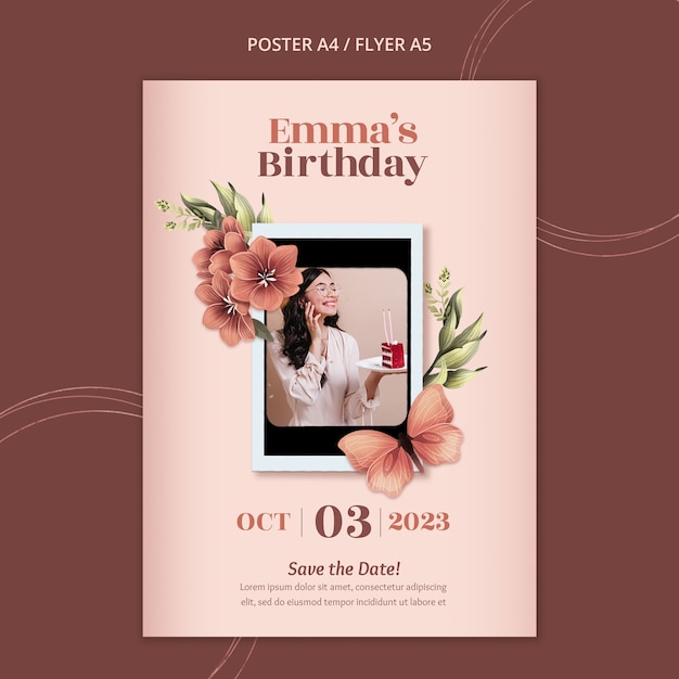 Plantilla de póster vertical floral para celebración de cumpleaños