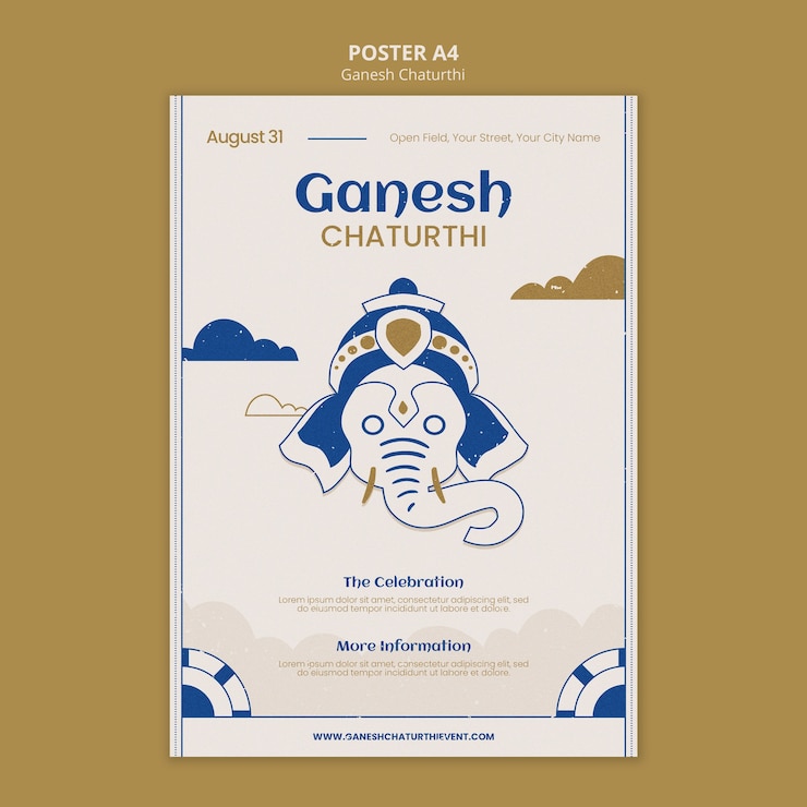 PSD gratuito plantilla de póster vertical de ganesh chaturthi con elefante y nubes