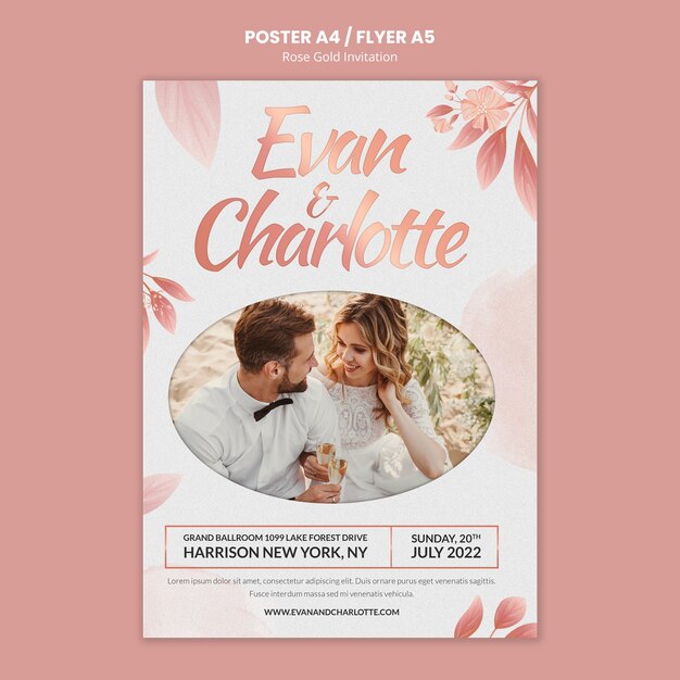 Plantilla de póster vertical de invitación de boda de oro rosa con hojas