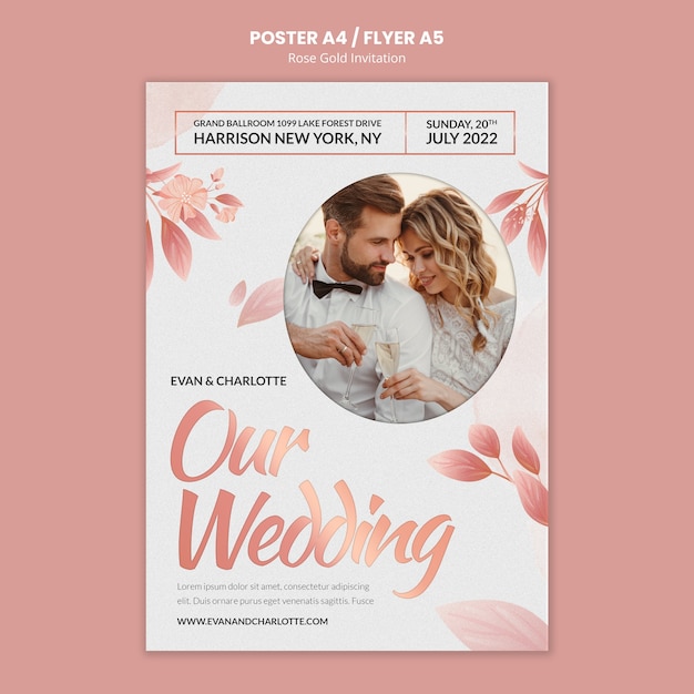 Plantilla de póster vertical de invitación de boda de oro rosa con hojas