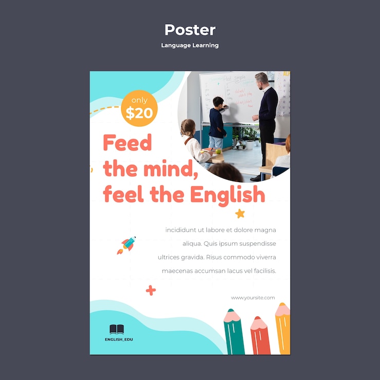 PSD gratuito plantilla de póster vertical de lecciones de idiomas extranjeros