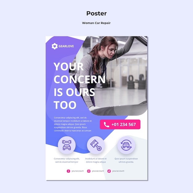 PSD gratuito plantilla de póster vertical para mecánica automotriz femenina