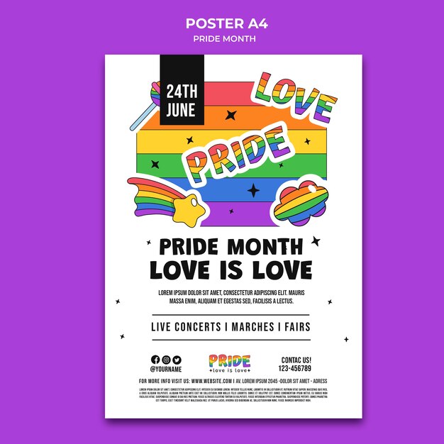 Plantilla de póster vertical del mes del orgullo con colores del arco iris