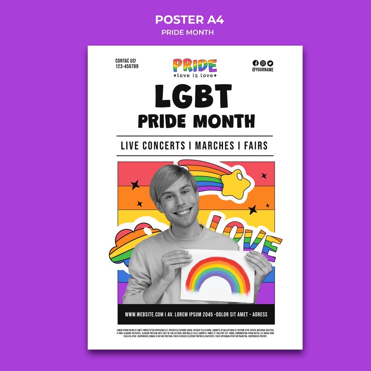 PSD gratuito plantilla de póster vertical del mes del orgullo con colores del arco iris
