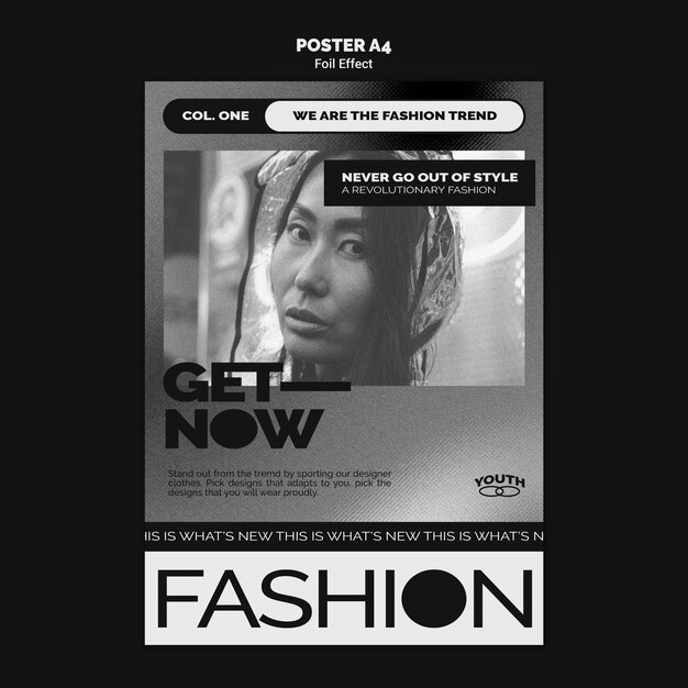 Plantilla de póster vertical para moda con efecto papel de aluminio