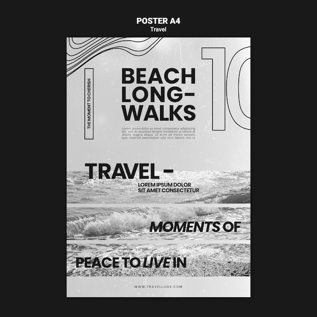 Plantilla de póster vertical monocromático para relajantes caminatas en la playa