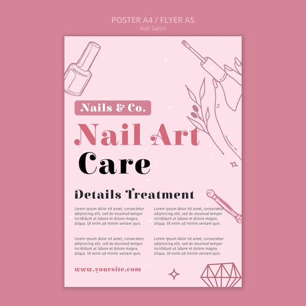 Plantilla de póster vertical para negocios de salón de uñas.