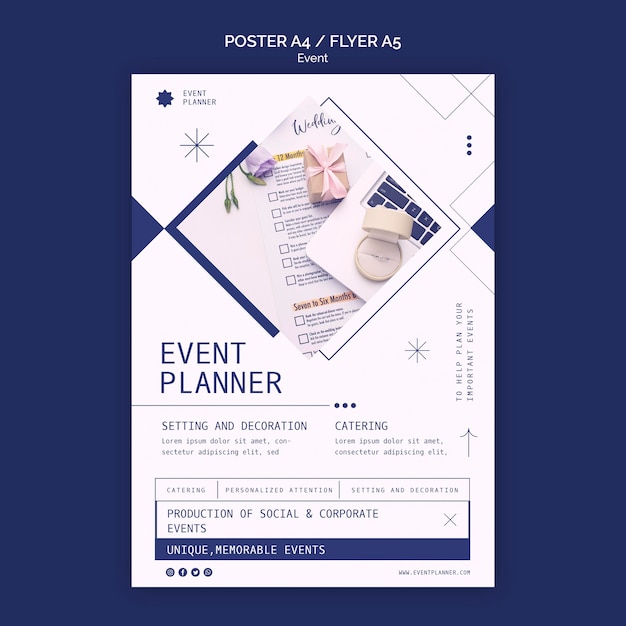 Plantilla de póster vertical para la planificación de eventos sociales y corporativos.