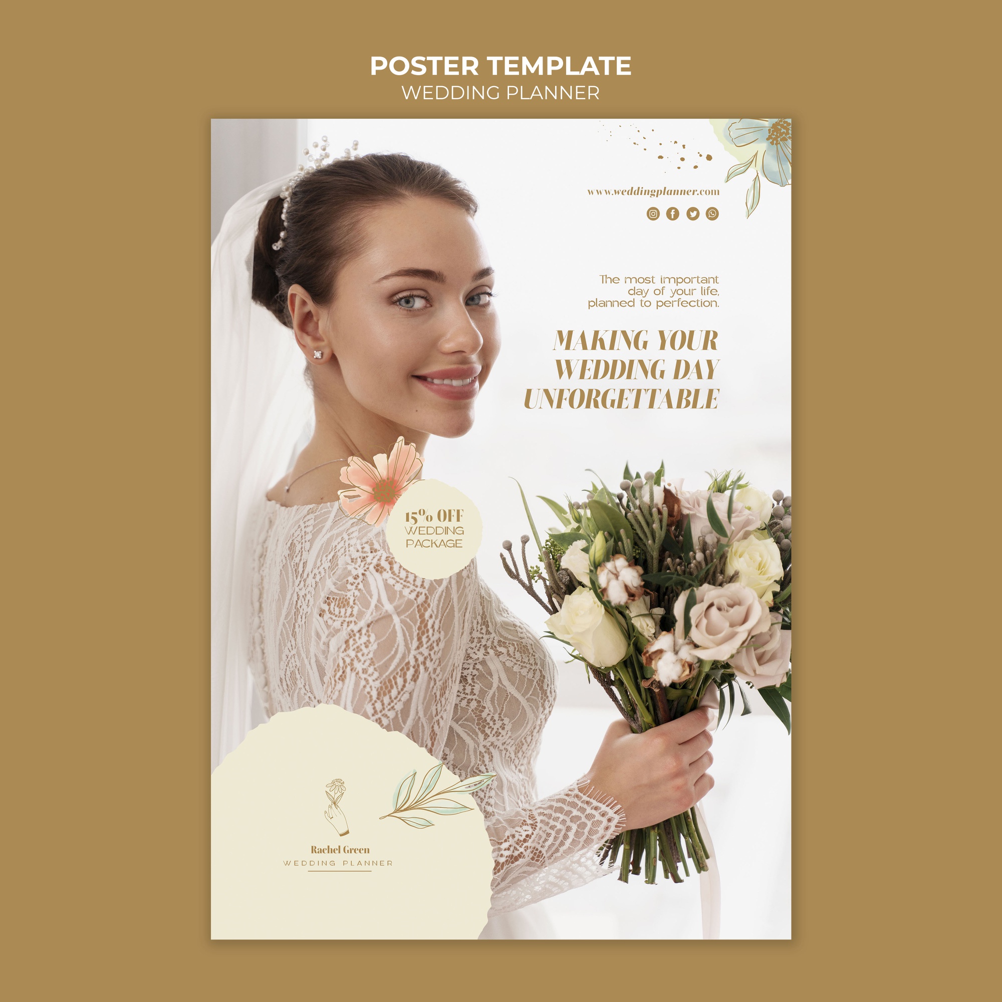 PSD gratuito plantilla de póster vertical de planificador de bodas con diseño floral de acuarela