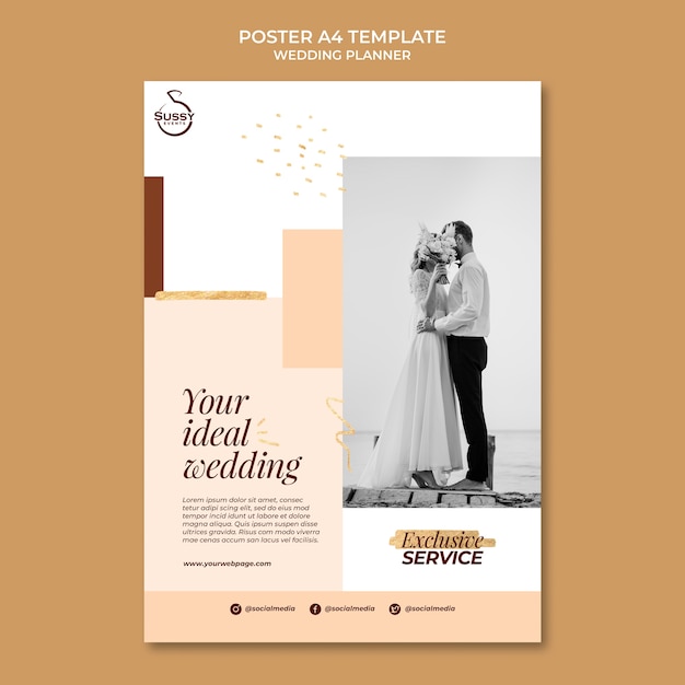 PSD gratuito plantilla de póster vertical de planificador de bodas con marcas de pluma doradas