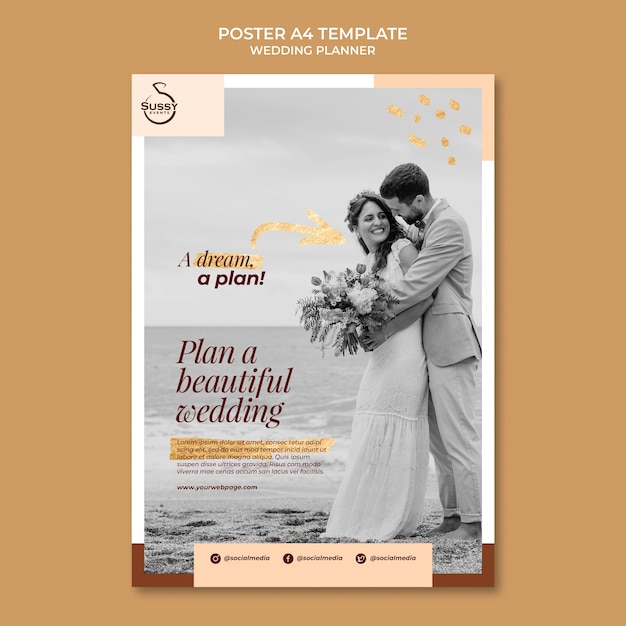 PSD gratuito plantilla de póster vertical de planificador de bodas con marcas de pluma doradas