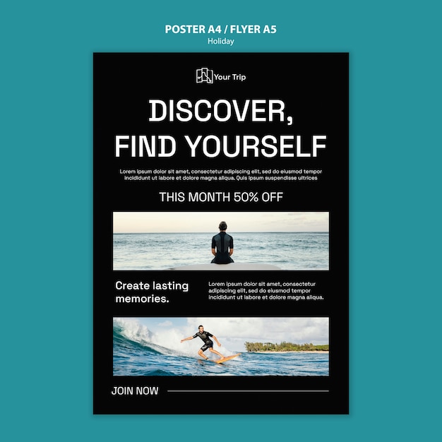PSD gratuito plantilla de póster vertical para vacaciones de surf