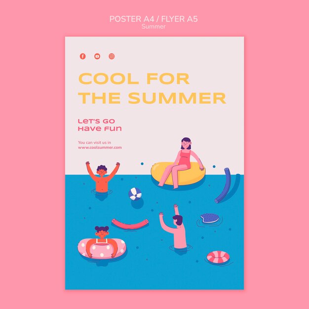 Plantilla de póster vertical de verano con gente en la piscina