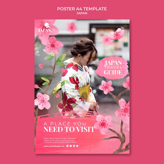 PSD gratuito plantilla de póster vertical para viajar a japón con mujer y flor de cerezo