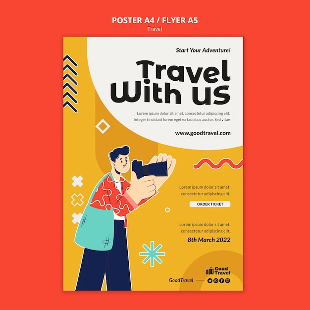 PSD gratuito plantilla de póster de viaje de diseño plano