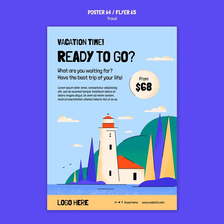 PSD gratuito plantilla de póster de viaje de diseño plano