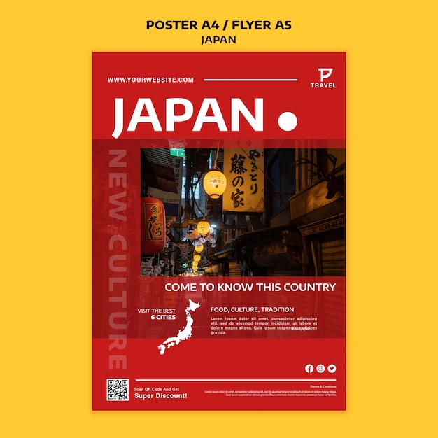 PSD gratuito plantilla de póster y volante de diseño plano de japón