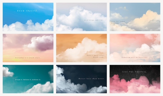 Plantilla de presentación psd de cielo y nubes con conjunto de cotizaciones de motivación