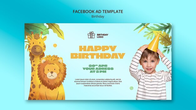 Plantilla de promoción de redes sociales de acuarela para fiesta de cumpleaños de niños con animales