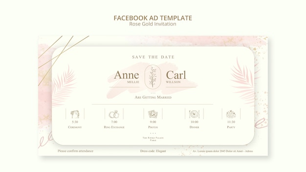 Plantilla de promoción de redes sociales de boda de oro rosa con hojas
