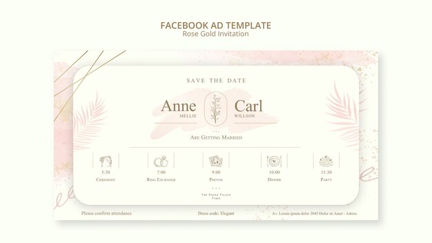 Plantilla de promoción de redes sociales de boda de oro rosa con hojas