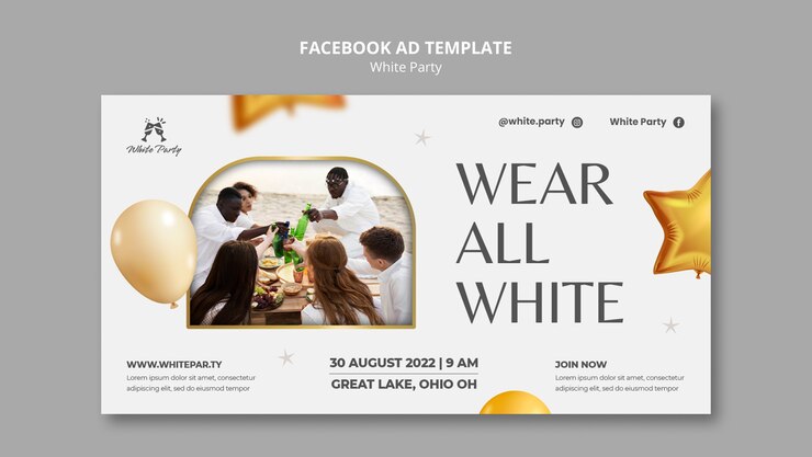 PSD gratuito plantilla de promoción de redes sociales de fiesta blanca con globos