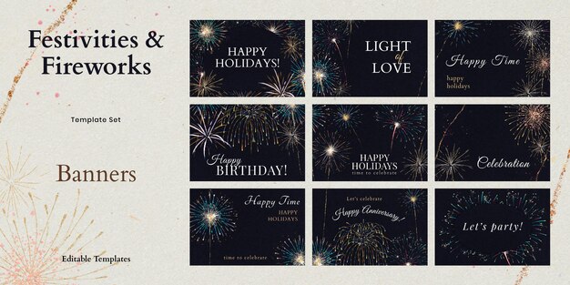 Plantilla psd de fuegos artificiales brillantes con colección de anuncios de texto editable