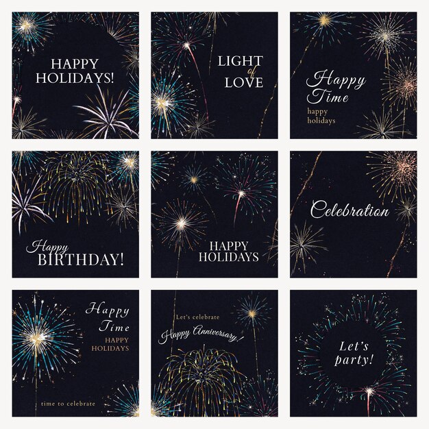 Plantilla psd de fuegos artificiales brillantes para publicación en redes sociales con colección de texto editable