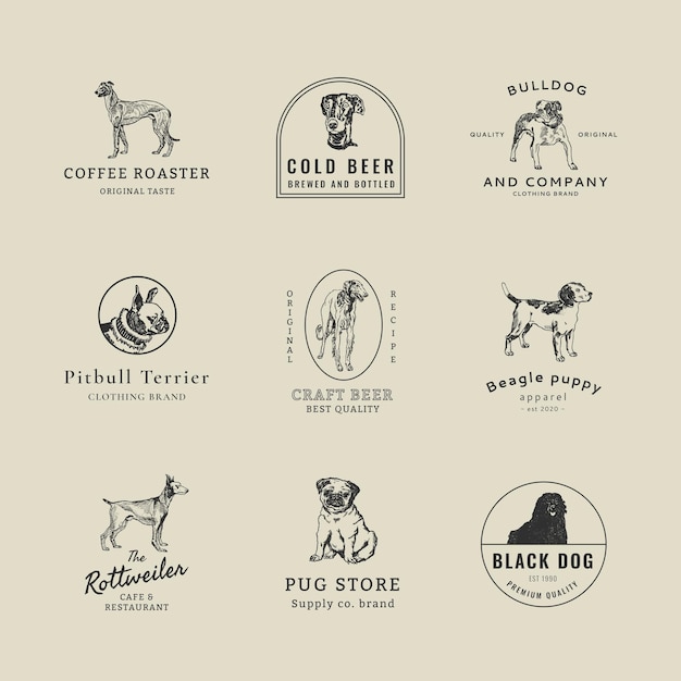 Plantilla psd de logotipo de empresa vintage con conjunto de ilustración de perro vintage, remezclado de obras de arte de moriz jung