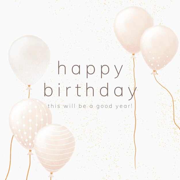 Plantilla psd de saludo de cumpleaños con globos en tono blanco y dorado