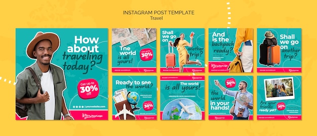 PSD gratuito plantilla de publicación de instagram de viajes de diseño plano