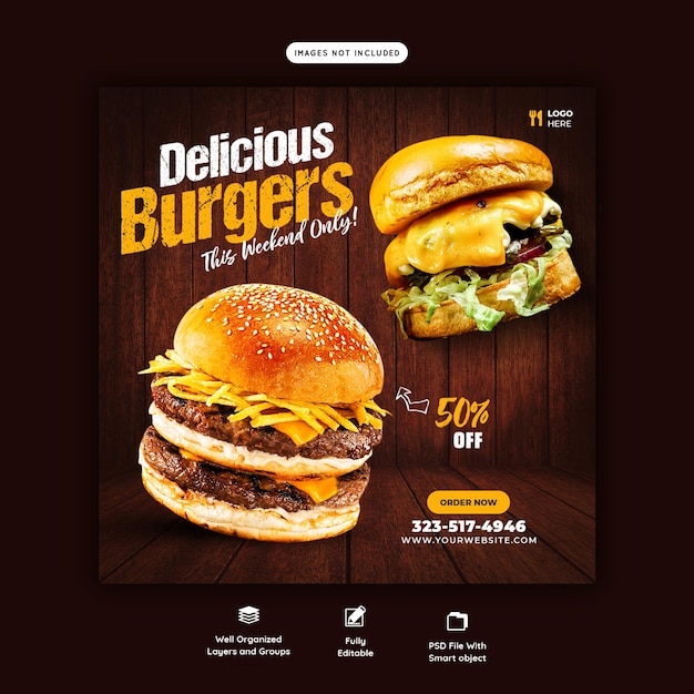Plantilla de publicación de redes sociales de menú de comida y hamburguesas deliciosas