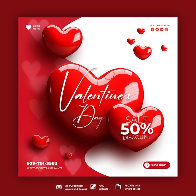 PSD gratuito plantilla de publicación de redes sociales o instagram de venta de descuento de feliz día de san valentín