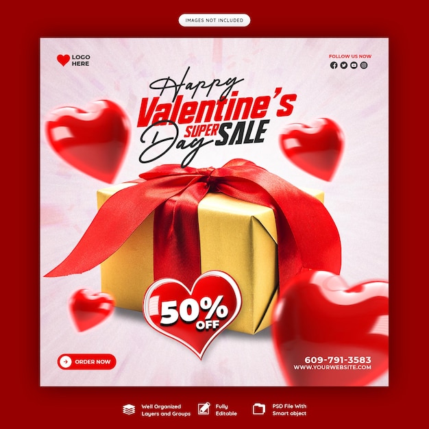 PSD gratuito plantilla de publicación de redes sociales o instagram de venta de descuento de feliz día de san valentín