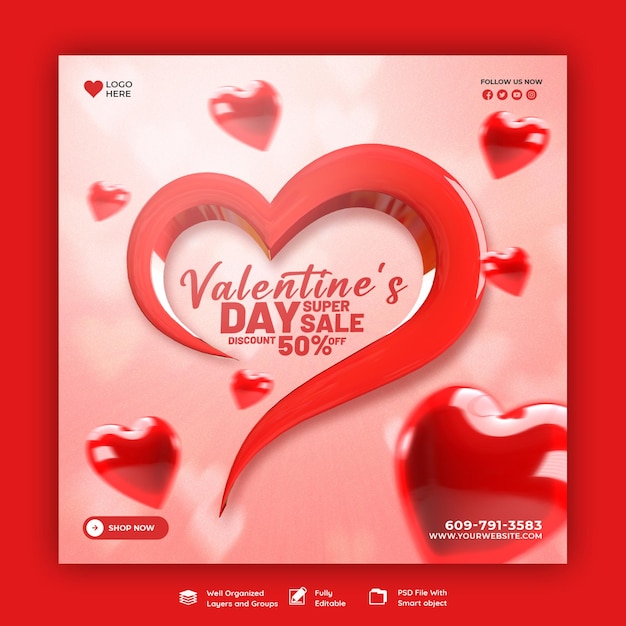 Plantilla de publicación de redes sociales o instagram de venta de descuento de feliz día de san valentín