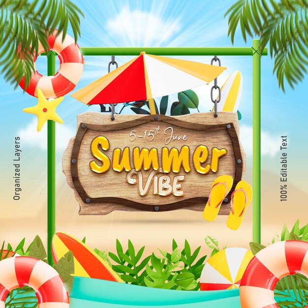 Plantilla de publicación de redes sociales Summer Vibe con coloridos elementos de playa en 3D