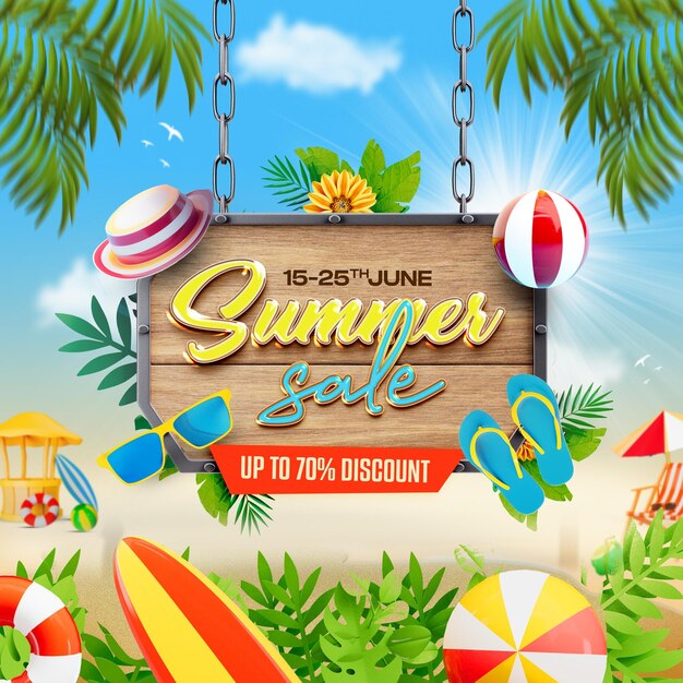 Plantilla de publicación de redes sociales de venta de verano con coloridos elementos de playa