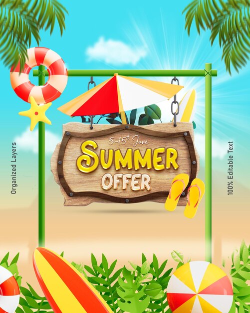 Plantilla de publicación de redes sociales de venta de verano con coloridos elementos de playa