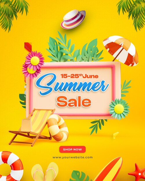 Plantilla de publicación de redes sociales de venta de verano con coloridos elementos de playa