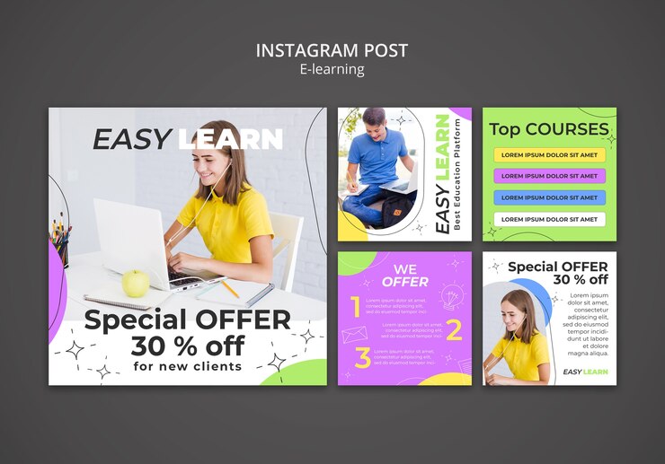 PSD gratuito plantilla de publicaciones de instagram de aprendizaje electrónico de diseño plano
