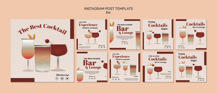 PSD gratuito plantilla de publicaciones de instagram de bar y lounge dibujada a mano