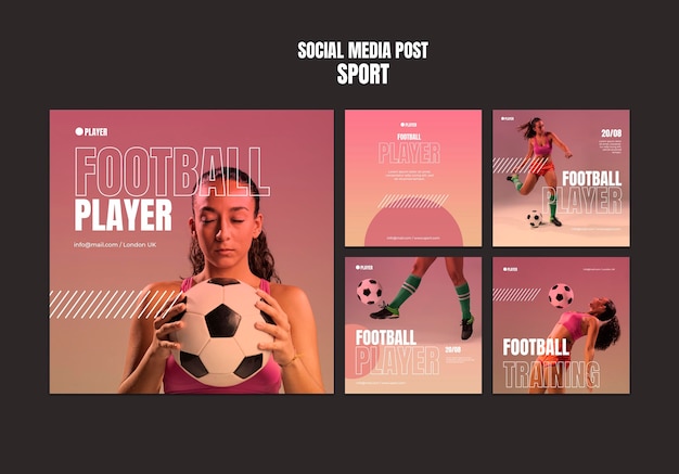 PSD gratuito plantilla de publicaciones de instagram de deporte con foto de mujer jugando al fútbol