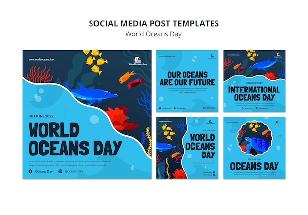 Plantilla de publicaciones de instagram del día mundial de los océanos de diseño plano