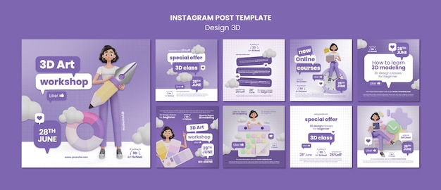 Plantilla de publicaciones de instagram de diseño 3d de aprendizaje