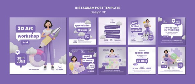 Plantilla de publicaciones de instagram de diseño 3d de aprendizaje