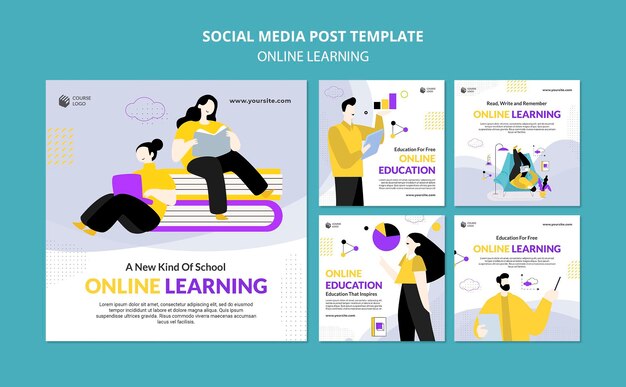 Plantilla de publicaciones de instagram de e-learning ilustrada